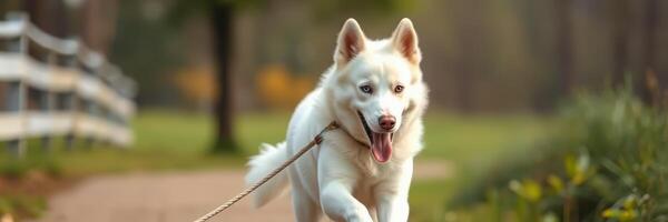 Happy white dog enjoying a walk in a park on a sunny day with a scenic path and greenery all around photo