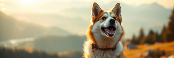 Happy dog in a scenic landscape at sunset with mountains in the background photo