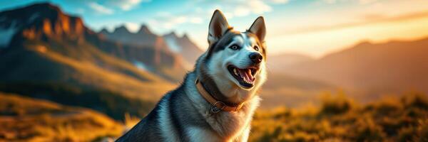 Siberian husky enjoying a sunset in the mountains with vibrant colors illuminating the landscape photo