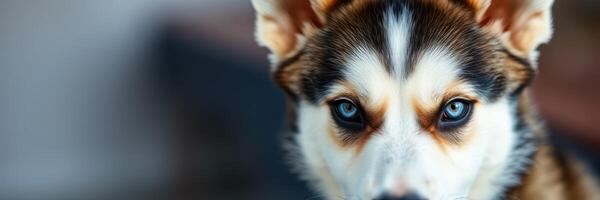 Cute husky puppy with striking blue eyes sitting indoors and looking curiously at the camera in a cozy environment photo