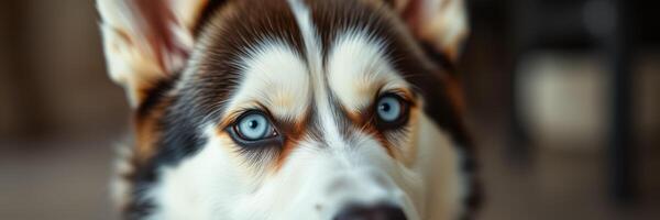 Close-up of a husky with striking blue eyes looking directly at the camera in a warm indoor setting photo