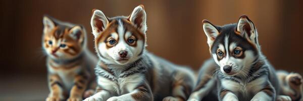 Cute puppies and kittens lying together in a cozy setting while interacting playfully during a sunny afternoon photo