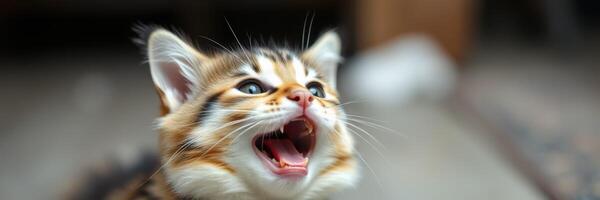 Cat expressing playful enthusiasm in a cozy indoor environment during the afternoon photo