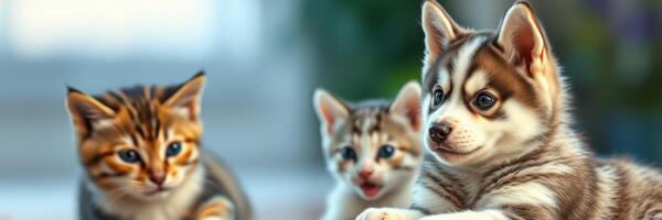 Playful puppies and kittens enjoying a sunny day indoors with soft lighting and cozy atmosphere photo