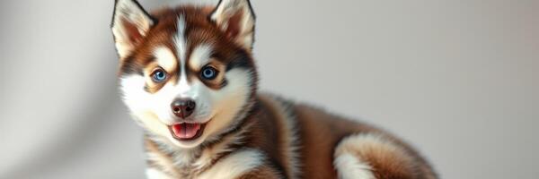 Cute husky puppy sitting and looking happy with a playful expression indoors during daylight photo