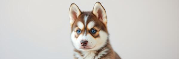 Adorable brown and white husky puppy with striking blue eyes sitting against a plain background photo