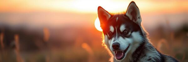 Dog enjoys sunset in open field with warm golden light and soft grass, creating a serene and peaceful atmosphere photo