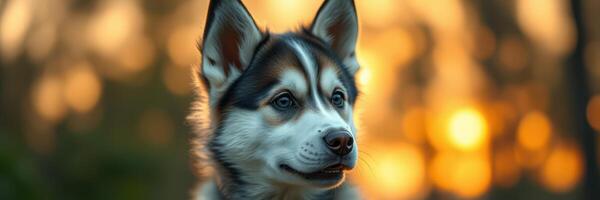 Siberian Husky enjoys a sunset stroll in a forest, showcasing vibrant colors and natural beauty photo