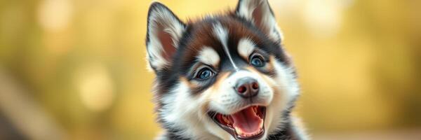 Happy husky puppy playing outdoors during golden hour with a bright, cheerful expression photo