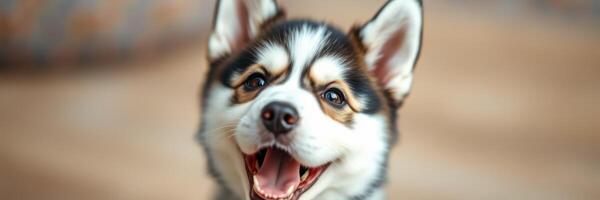 Happy husky puppy playing indoors on a sunny afternoon with a joyful expression and fluffy fur photo