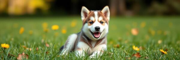 Happy puppy enjoying a sunny day in a flower-filled meadow, showcasing a cheerful expression and playful demeanor photo