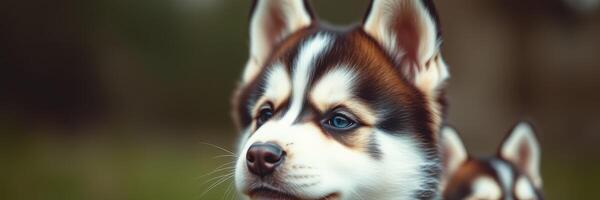 Cute husky puppies playing in a grassy park on a sunny day, showcasing their playful spirit and adorable features photo