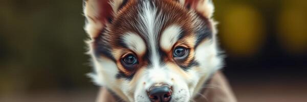 Cute puppy with striking features explores a sunny outdoor area in the afternoon light, showcasing playful energy and curiosity photo