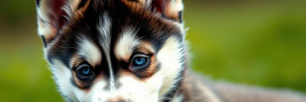 Cute husky puppy with striking blue eyes exploring a green field on a sunny day photo