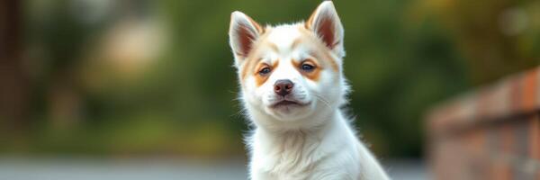 Cute fluffy dog sitting outdoors during daytime with soft sunlight highlighting its fur photo