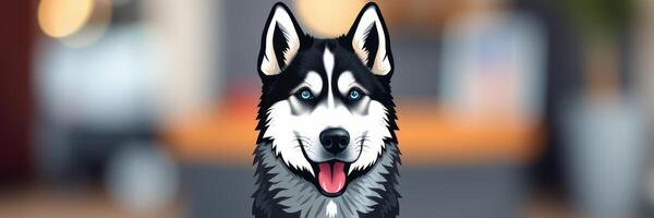 Siberian husky with striking blue eyes sits in a cozy indoor setting during bright daylight photo