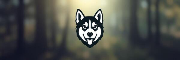 Illustration of a husky dog head logo on a blurred forest background, symbolizing wilderness and adventure in nature photo