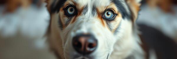 Beautiful husky with striking blue eyes looking directly at the viewer indoors during daylight photo