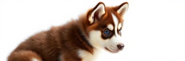 Brown and white husky puppy with striking blue eyes sitting against a plain background photo
