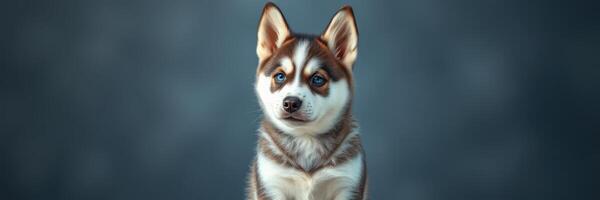 Adorable small dog with expressive eyes looking curiously towards the camera in a soft blue background photo