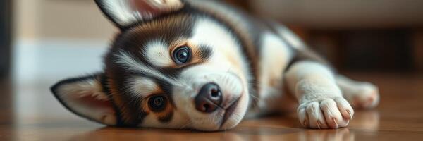 Cute puppy resting comfortably on wooden floor in a cozy indoor setting with warm lighting photo
