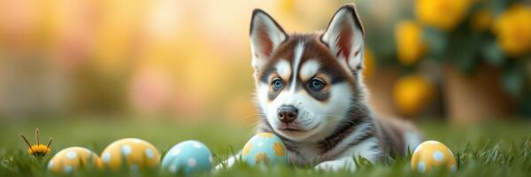 Cute puppy enjoying Easter decorations in a sunny garden, surrounded by colorful eggs and blooming flowers photo