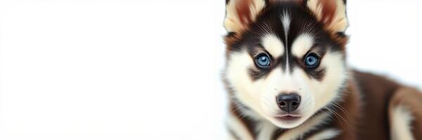 Cute playful husky puppy with striking blue eyes sitting against a plain background photo