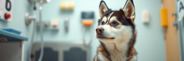 Siberian husky waiting at veterinary clinic during a routine check-up in the afternoon photo