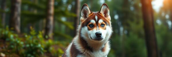 Siberian husky with striking eyes stands in a serene forest during golden hour light photo