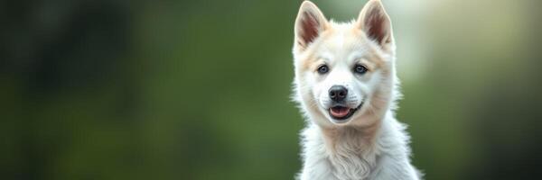 Charming fluffy puppy with striking features sitting on a green background in a serene setting photo