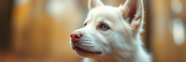 Cute white dog with blue eyes sitting in autumn forest during golden hour photo