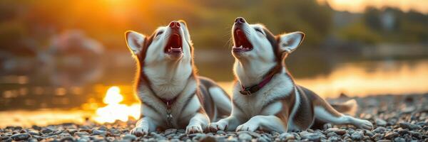 Two huskies howling during sunset near a serene lakeshore, capturing the beauty of nature and companionship photo