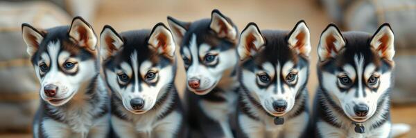 Five playful husky puppies lined up in a row against a rustic wooden background in daylight photo