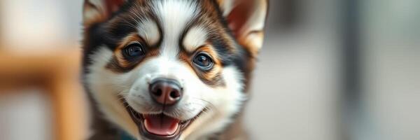 Happy puppy with bright eyes and fluffy coat enjoying indoor playtime with family photo