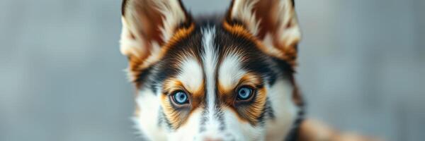Stunning dog with striking blue eyes posing for a close-up shot in an outdoor setting on a sunny day photo