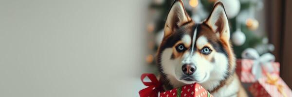 Happy husky holding a gift in front of a beautifully decorated Christmas tree during a festive celebration photo