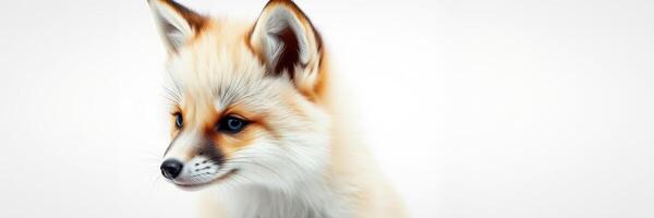 Cute young fox gazes curiously with its fluffy white fur in a neutral background during daytime photo