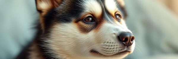 Playful husky puppy resting in a cozy environment, showcasing bright eyes and soft fur photo