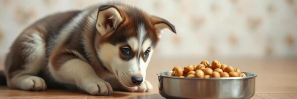 Cute puppy eagerly watches food in bowl at home during the day photo