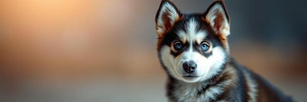 Cute husky puppy looking curiously at the camera in a soft, blurred background on a sunny day in a park photo