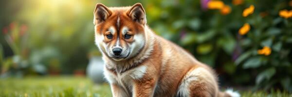 Shiba Inu rests quietly in a vibrant garden surrounded by colorful flowers during golden hour photo