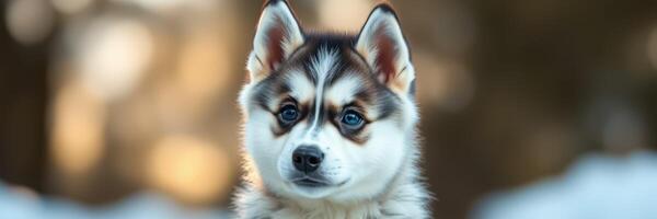 Cute fluffy husky puppy with stunning blue eyes sitting outdoors surrounded by snow photo