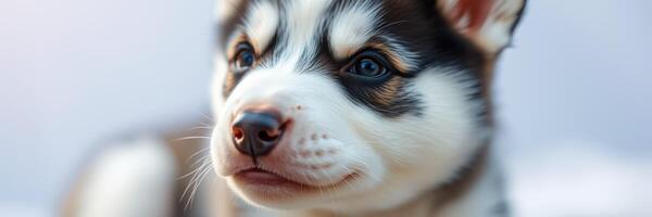 Cute husky puppy with striking blue eyes enjoying a sunny day outdoors in a playful mood photo