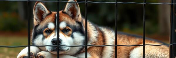 Dog relaxing behind a fence in a serene outdoor setting during a sunny day photo