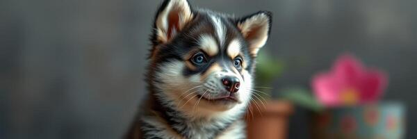 Cute husky puppy looking curiously at the camera in a cozy indoor setting with plants and a flower in the background photo