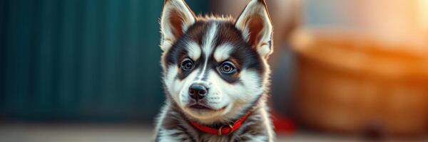 Cute husky puppy with striking blue eyes sitting outdoors on a sunny day in a vibrant setting photo