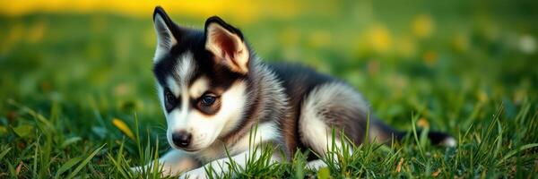 Cute husky puppy resting in green grass during a sunny day in a garden photo