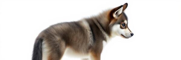 Dog standing in a profile view with fluffy fur and alert expression in a well-lit indoor setting photo