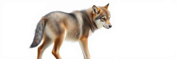Wolf walks gracefully on a white background, showcasing its stunning fur and keen expression in an indoor setting photo