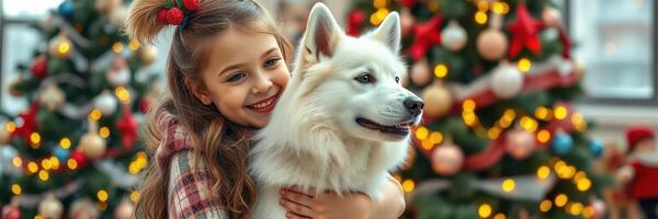 Little girl enjoys a joyful moment with her fluffy dog near a decorated Christmas tree in bright lights during the holiday season photo
